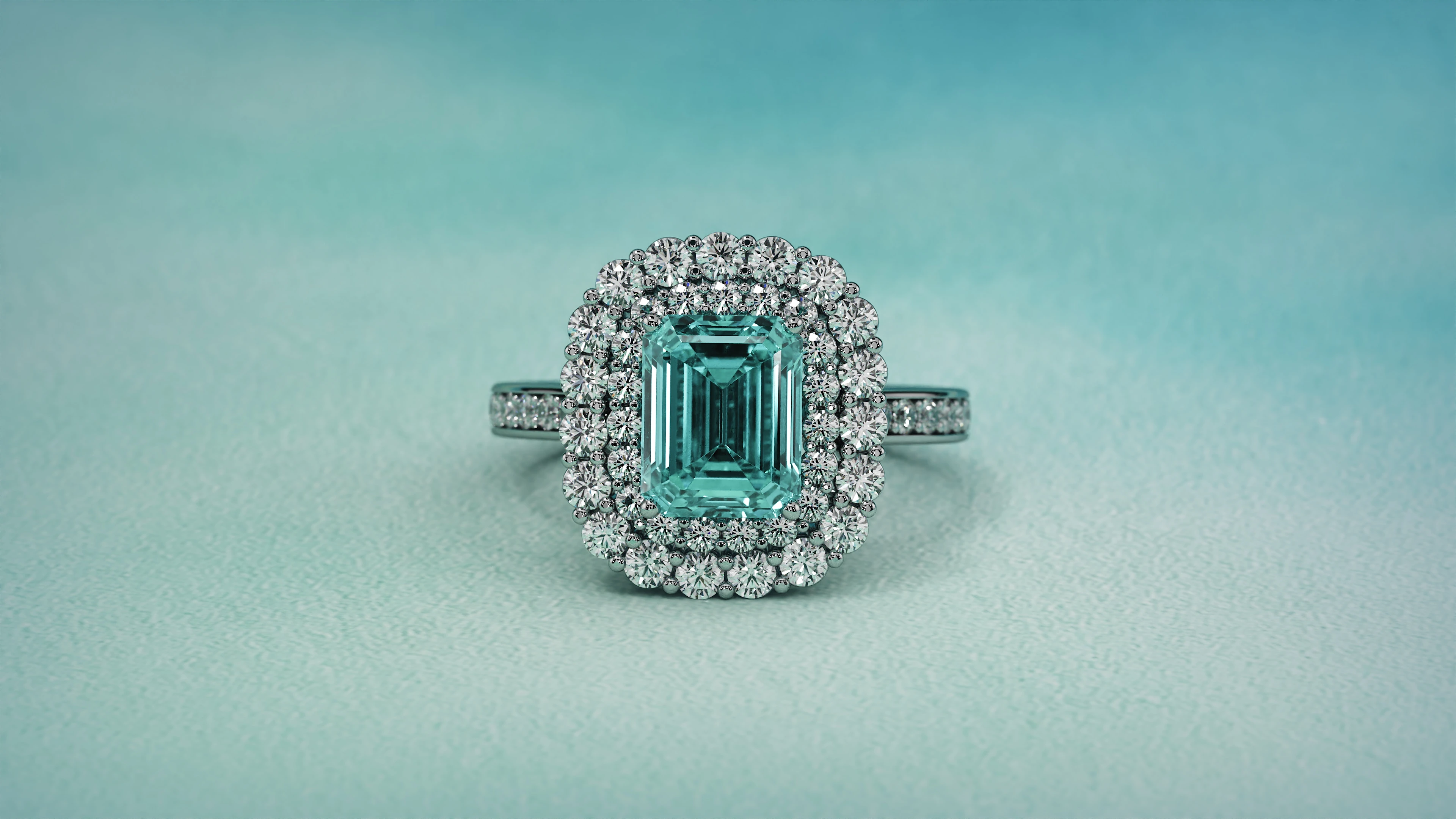 Teal emerald cut diamond ring 3D render